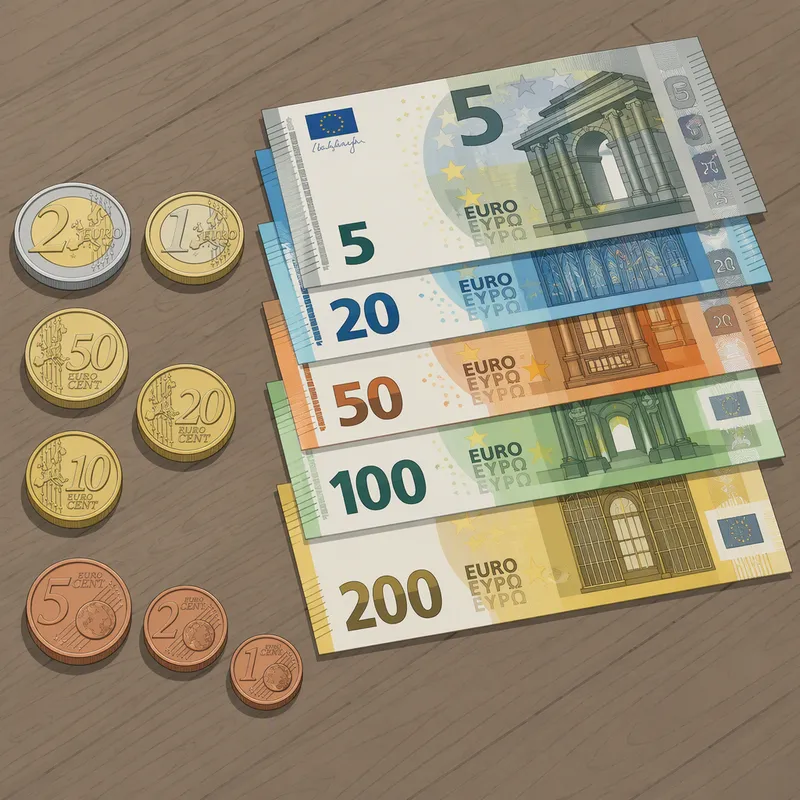 Eurokolikoita ja seteleitä puupinnalla
